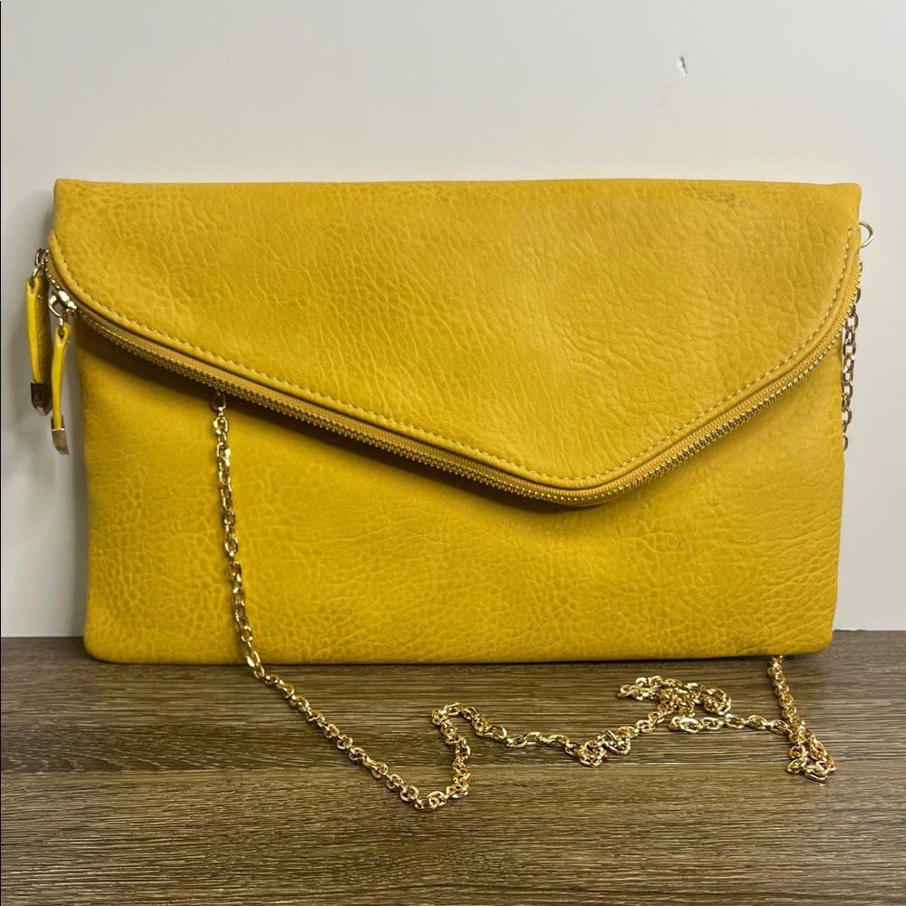 Urban Expressions Mustard Yellow Foldover Clutch Crossbody w/ Gold Chain